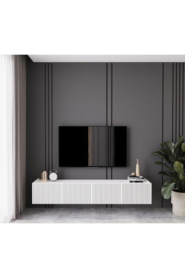 Enwood Capella Beyaz Country Mdf 4 Kapaklı Duvara Monte 180 Cm Tv Ünitesi - Image 1