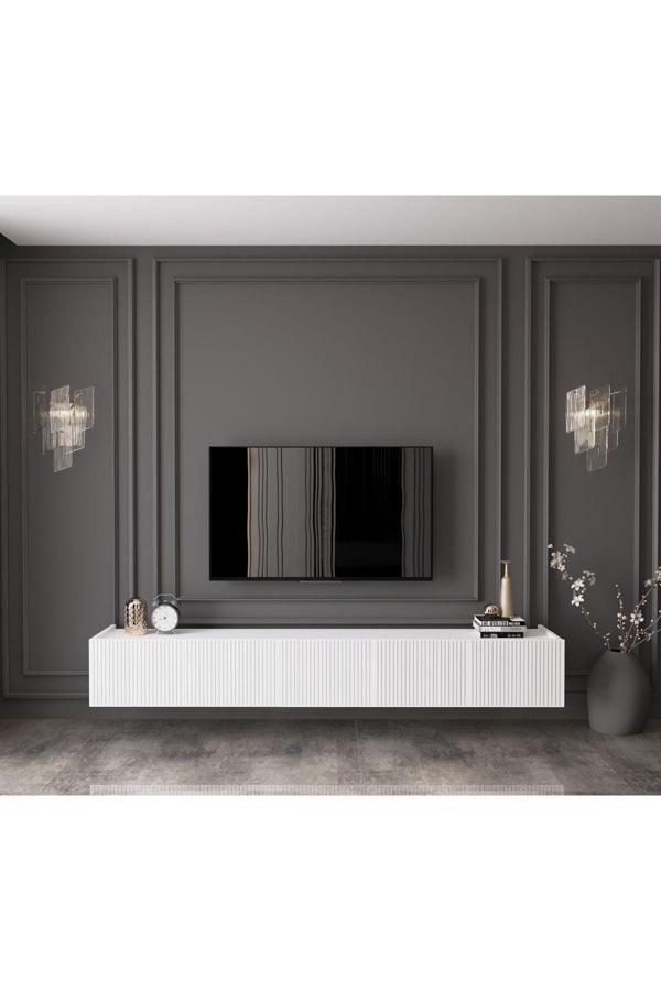 Enwood Capella Country Beyaz Mdf 5 Kapaklı Duvara Monte 200 Cm Tv Ünitesi - Image 1