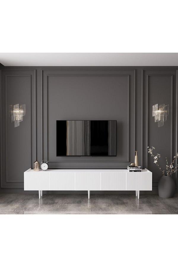 Enwood Capella Country Mdf Beyaz 5 Kapaklı Ahşap Ayaklı 200 Cm Tv Ünitesi - Image 1