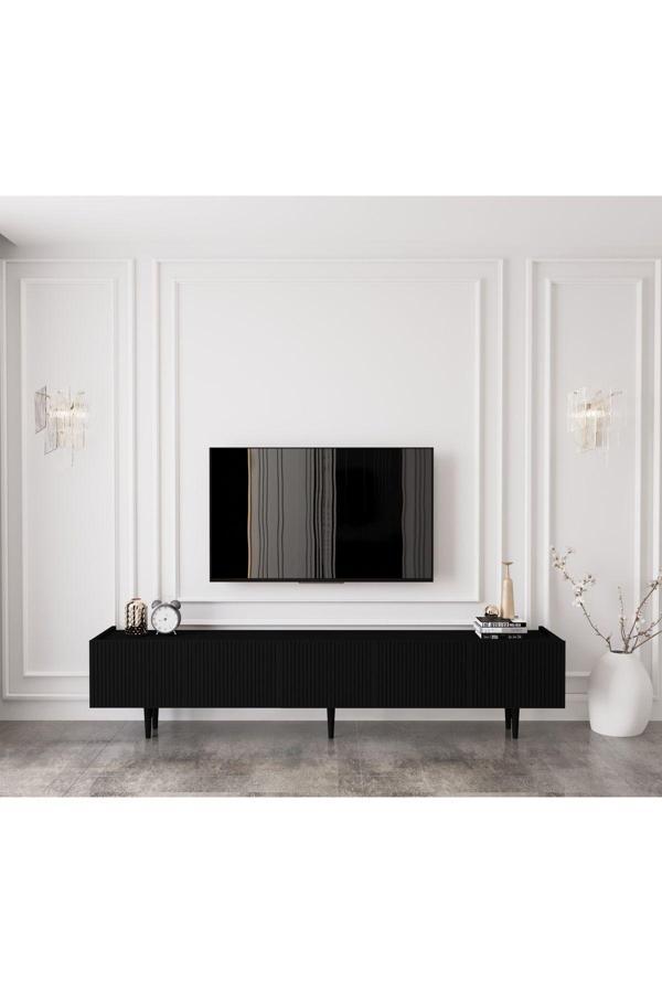 Enwood Capella Country Siyah Mdf 5 Kapaklı Ahşap Ayaklı 200 Cm Tv Ünitesi - Image 1