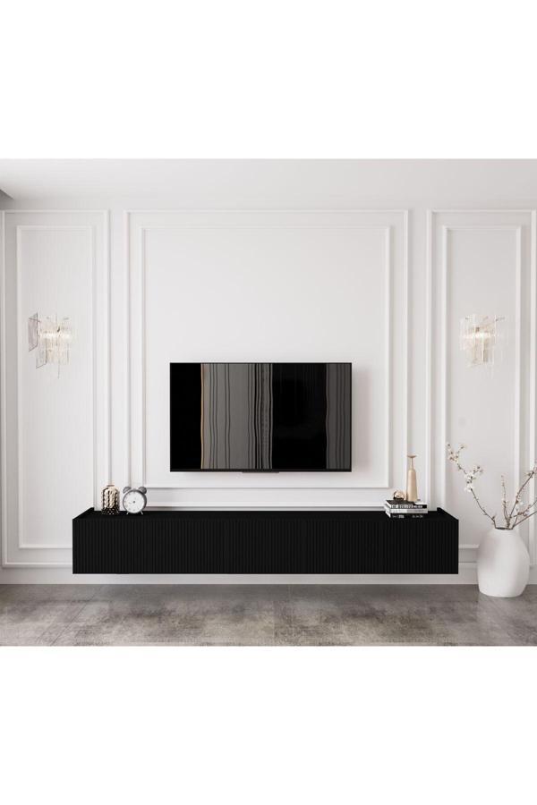 Enwood Capella Country Siyah Mdf 5 Kapaklı Duvara Monte 200 Cm Tv Ünitesi - Image 1