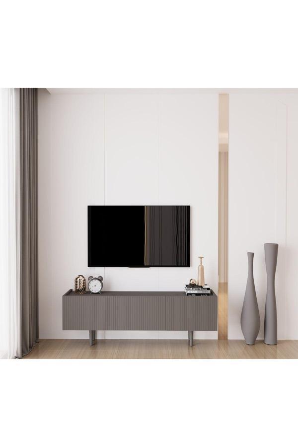 Enwood Capella Gri Mdf Country 3 Kapaklı Ahşap Ayaklı 140 Cm Tv Ünitesi - Image 1