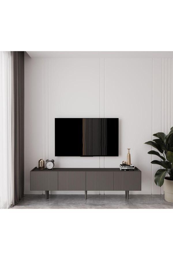 Enwood Capella Gri Mdf Country 4 Kapaklı Ahşap Ayaklı 160 Cm Tv Ünitesi - Image 1