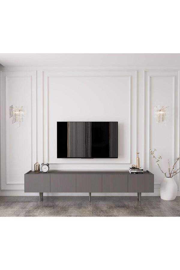 Enwood Capella Gri Mdf Country 5 Kapaklı Ahşap Ayaklı 200 Cm Tv Ünitesi - Image 1