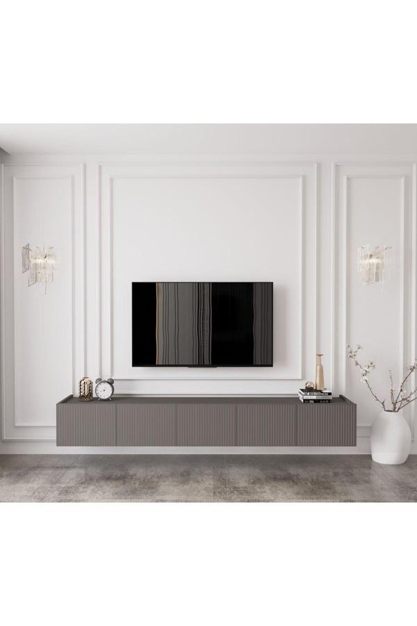 Enwood Capella Gri Mdf Country 5 Kapaklı DUVARA MONTE 200 Cm Tv Ünitesi - Image 1