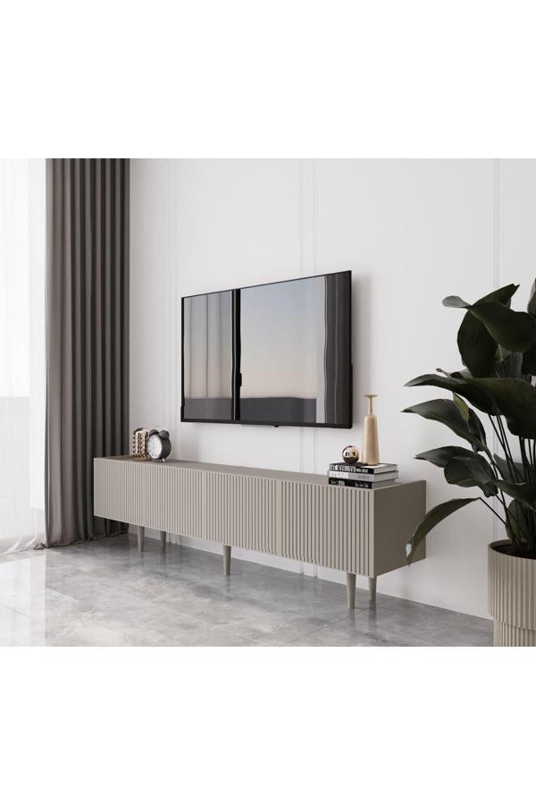 Enwood Capella Kumtaşı Rengi Mdf 4 Kapaklı Ahşap Ayaklı 160 Cm Tv Ünitesi - Image 1