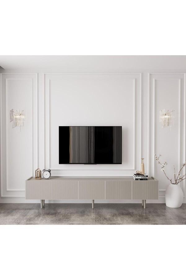 Enwood Capella Kumtaşı Rengi Mdf 5 Kapaklı Ahşap Ayaklı 200 Cm Tv Ünitesi - Image 1