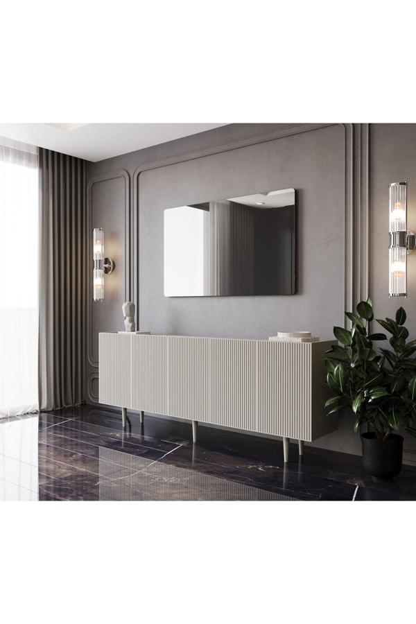 Enwood Capella Kumtaşı Rengi Mdf 5 Kapaklı Raflı 180 Lik Konsol - Image 1