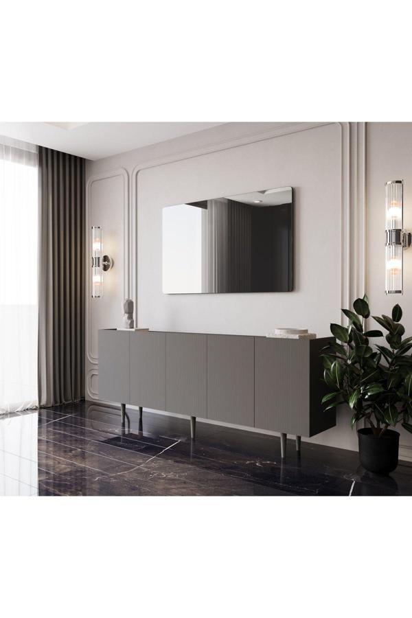 Enwood Capella Mdf 5 Kapaklı Raflı Ahşap Ayaklı 200 cm Konsol (200X80X40 CM) - Image 1