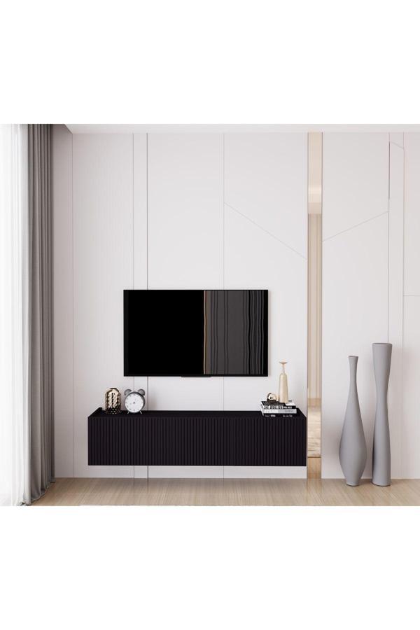 Enwood Capella Siyah Country Mdf 3 Kapaklı Duvara Monte 140 Cm Tv Ünitesi - Image 1