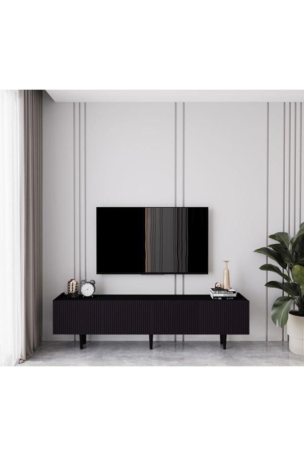 Enwood Capella Siyah Country Mdf 4 Kapaklı Ahşap Ayaklı 160 Cm Tv Ünitesi - Image 1