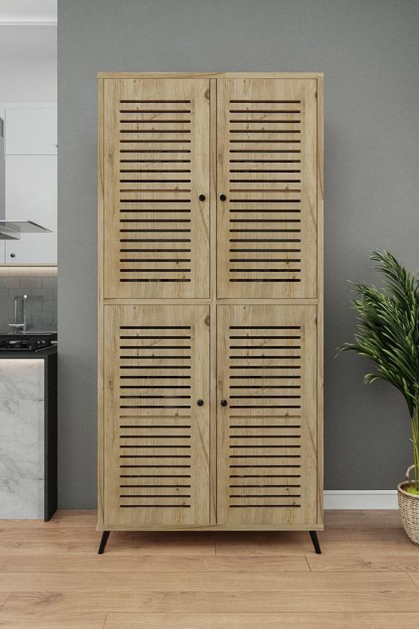 Enwood DENEB MDF ATLANTİK ÇAM RENGİ 4 Kapaklı(Panjur Kapak) Ahşap Ayaklı Kiler Dolabı - Image 1