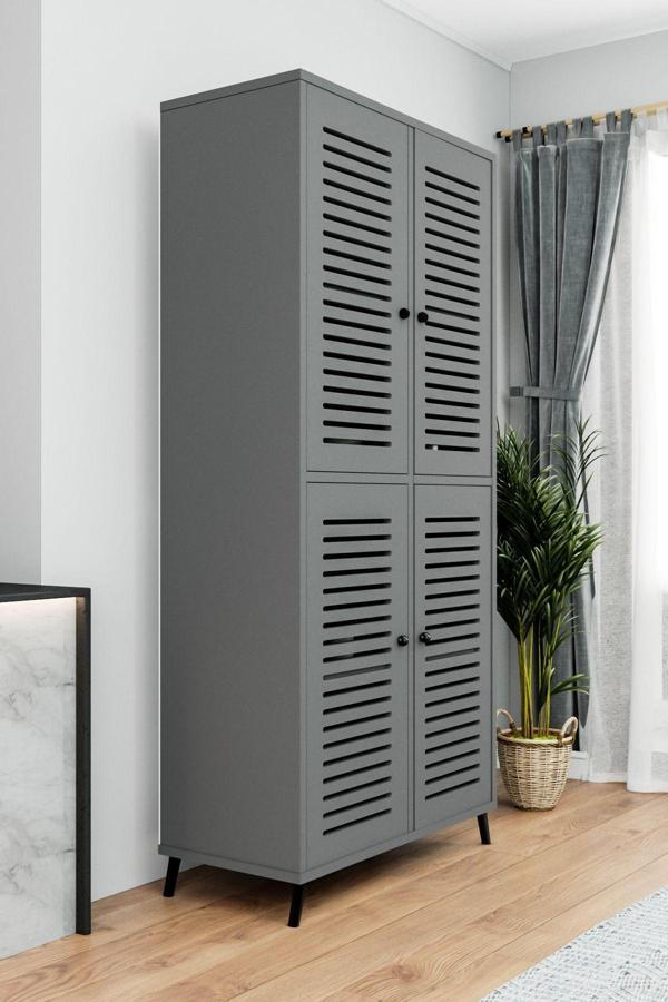 Enwood Deneb Mdf Gri? 4 Kapaklı (panjur Kapak) Ahşap Ayaklı Kiler Dolabı - Image 1