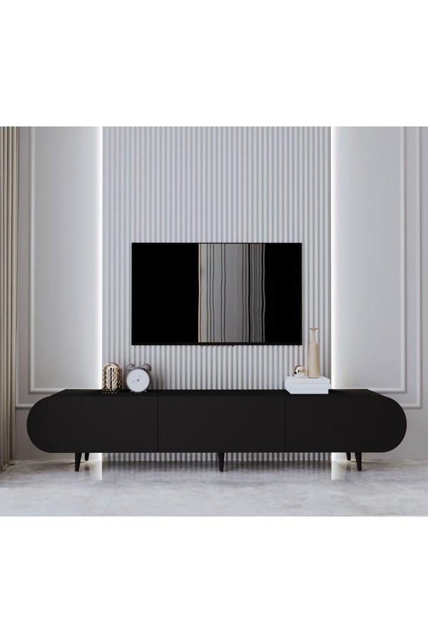 Enwood Enwoood Regulus Siyah Mdf 3 Kapaklı Ahşap Ayaklı 180 Cm Modern Tv Ünitesi - Image 1