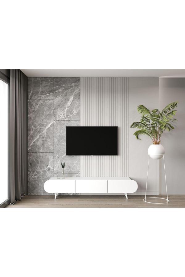 Enwood Regulus Beyaz Mdf 3 Kapaklı Ahşap Ayaklı 180 Cm Modern Tv Ünitesi - Image 1