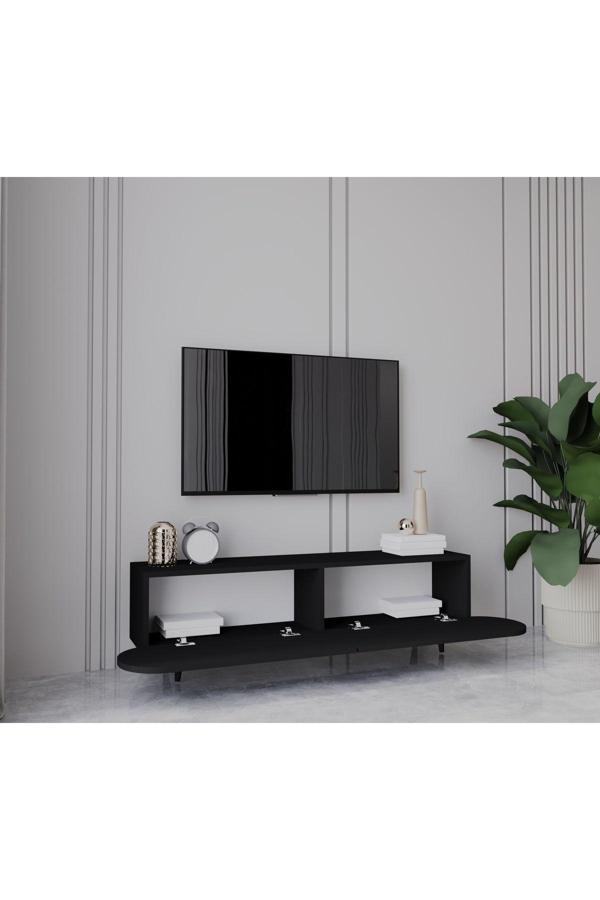 Enwood Regulus Siyah Mdf 2 Kapaklı Ahşap Ayaklı 140 Cm Modern Tv Ünitesi - Image 1