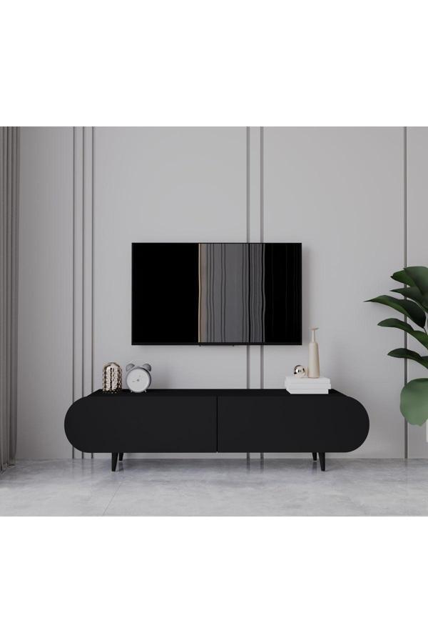 Enwood Regulus Siyah Mdf 2 Kapaklı Ahşap Ayaklı 160 Cm Modern Tv Ünitesi - Image 1