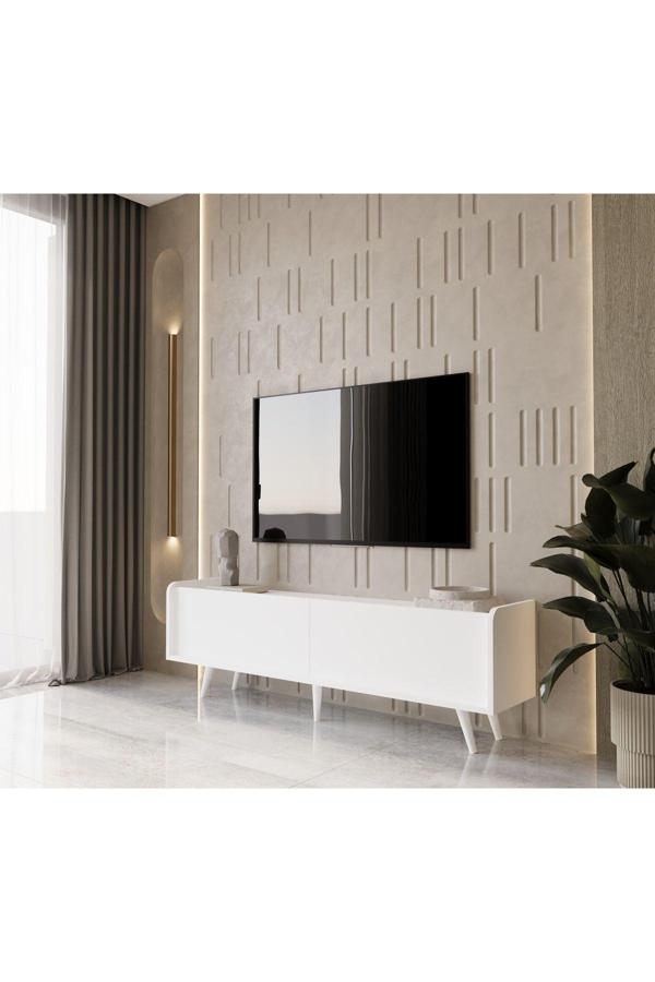 Enwood RİGEL COUNTRY BEYAZ MDF 2 KAPAKLI (DÜŞME KAPAK) AHŞAP AYAKLI 140 CM TV ÜNİTESİ - Image 1