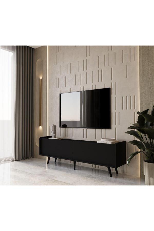 Enwood Rigel Country Siyah Mdf 2 Kapaklı Düşme Kapak Ahşap Ayaklı 180 cm  Tv Ünitesi - Image 1