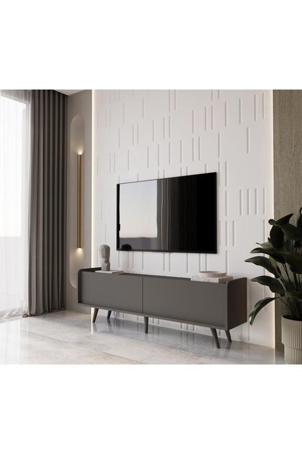 Enwood RİGEL GRİ MDF 2 KAPAKLI (DÜŞME KAPAK) AHŞAP AYAKLI 140 CM COUNTRY TV ÜNİTESİ - Image 1
