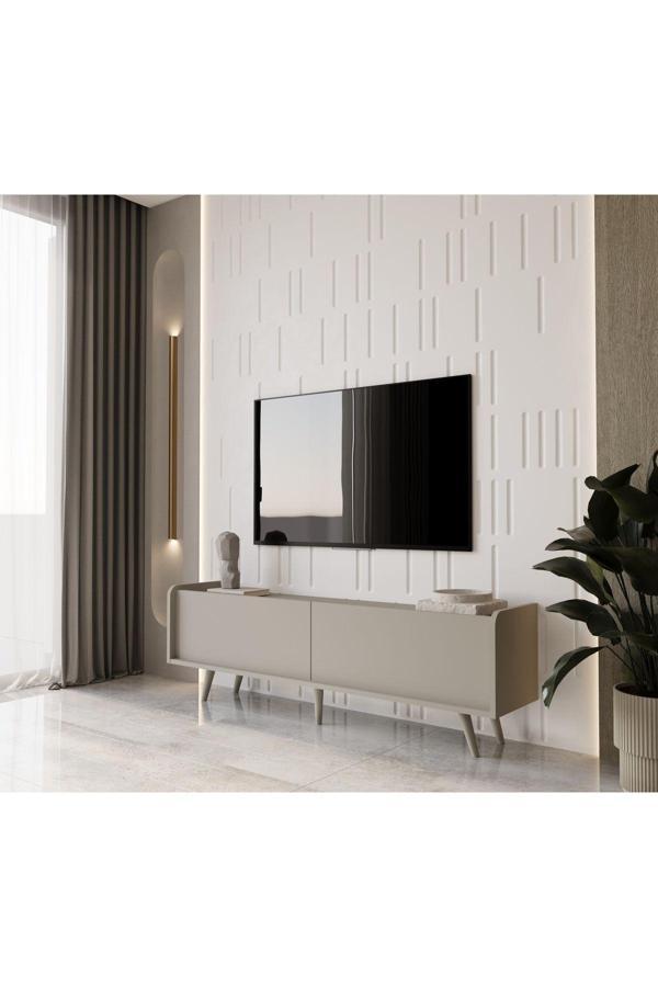 Enwood RİGEL KUM TAŞI RENGİ MDF 2 KAPAKLI (DÜŞME KAPAK) AHŞAP AYAKLI 140 CM COUNTRY TV ÜNİTESİ - Image 1