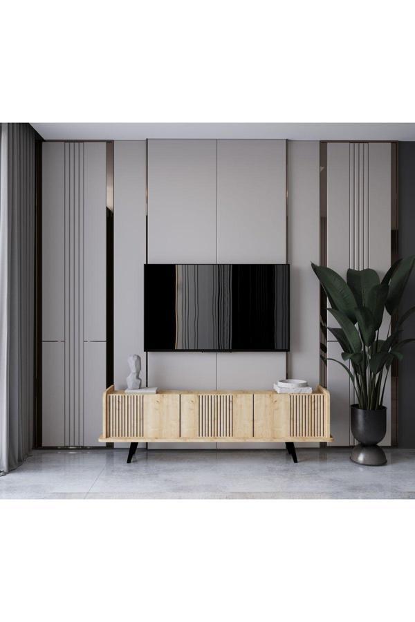 Enwood SPİCA SAFİR MEŞE RENGİ MDF 3 KAPAKLI AHŞAP AYAKLI 140 CM TV ÜNİTESİ - Image 1