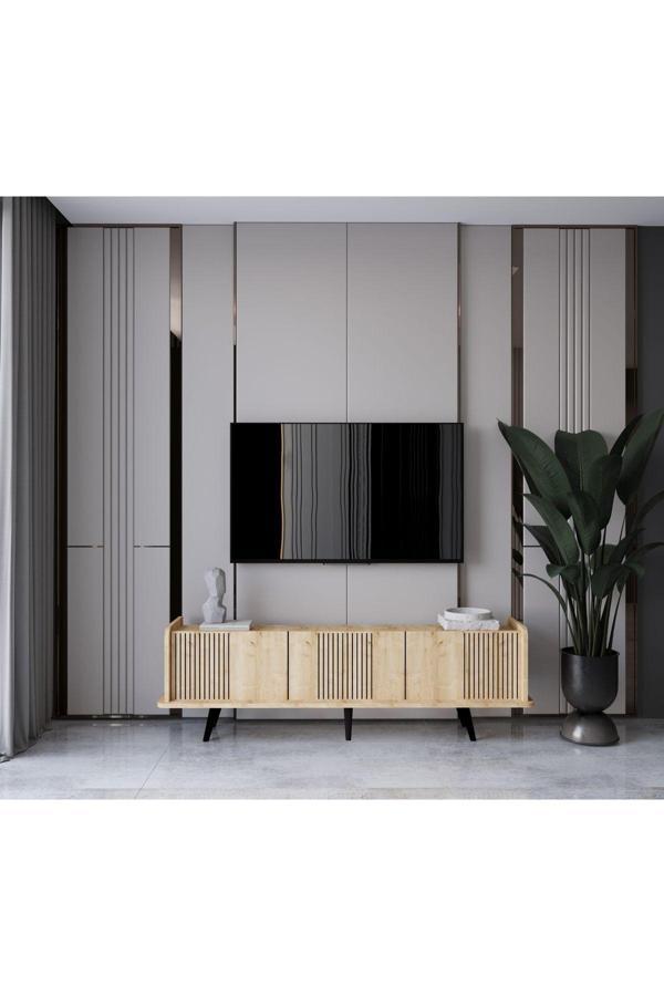 Enwood SPİCA SAFİR MEŞE RENGİ MDF 3 KAPAKLI AHŞAP AYAKLI 180 CM TV ÜNİTESİ - Image 1