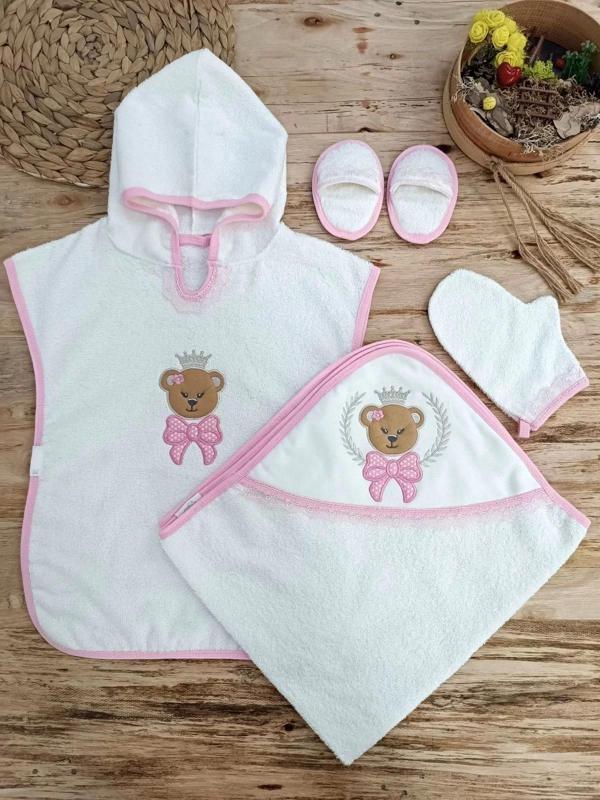 Bear Nakışlı Pareolu 4lü Kız Bebek Havlu Silgi Takımı Pembe - Image 1