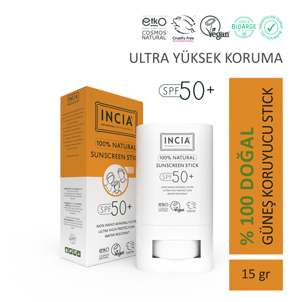 INCIA 100% Doğal Güneş Koruyucu Sun Stick Mineral Filtreli Hassas Cilt Bitkisel UVA UVB SPF50+ 15 gr - Image 1