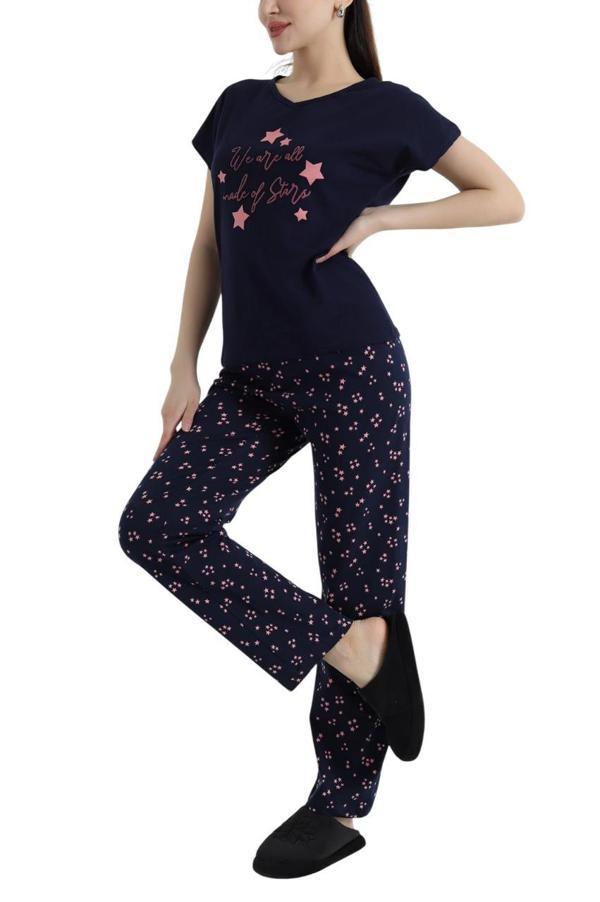 Kadın Yıldız Desenli Kısa Kollu Pijama Takım - 5505 - STLLA PNK - Image 1