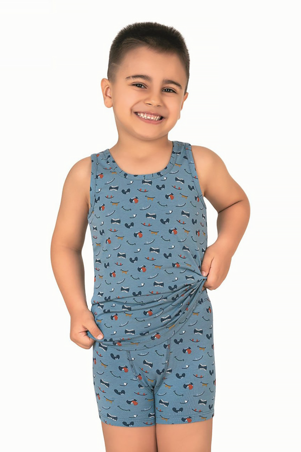 Erkek Çocuk Pamuklu Desenli Süprem Kalın Askılı Atlet Şort İç Giyim Takım | 32052 - Image 1