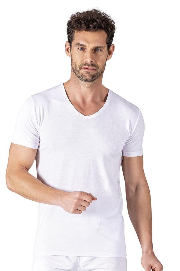 Pamuklu Modal V Yaka Kısa Kollu Tişört Fanila | Beyaz K11143 - Image 1