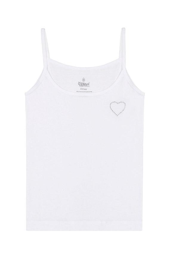 Kız Çocuk %100 Pamuklu Ribana Önü Taşlı İp Askılı Atlet | Beyaz K0817 - Image 1