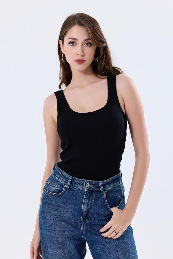 Basic Ekstra Yumusak Ribana Atlet Tişört | Siyah 27119 - Image 1