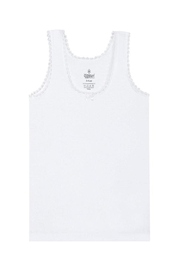 Kız Çocuk %100 Pamuklu Ribana Yakası Dantel Detaylı Kalın Askılı Atlet | Beyaz K1605 - Image 1