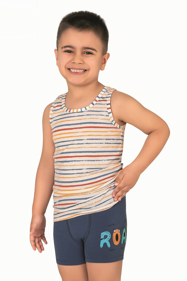 Erkek Çocuk Pamuklu Desenli Süprem Kalın Askılı Atlet Şort İç Giyim Takım | 32047 - Image 1