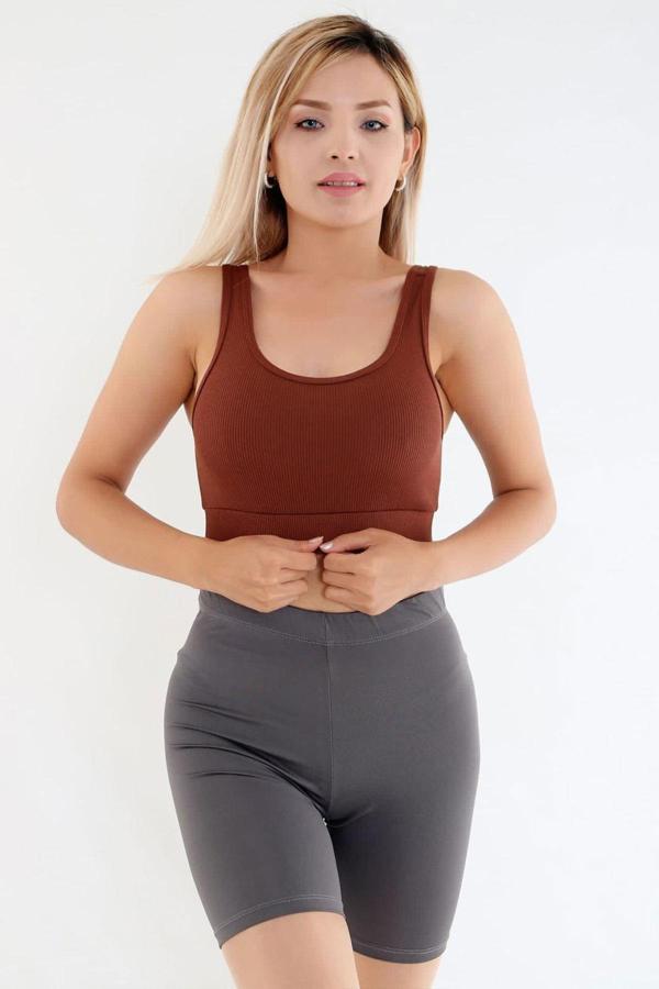 Crop Fitilli Kalın Askı Sporcu Sütyen | Kahverengi - Image 1