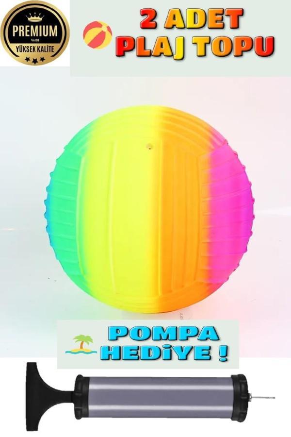 2 Adet Gökkuşağı Renkli Plaj Voleybol Topu Plastik Top + Pompa Hediyeli - Image 1