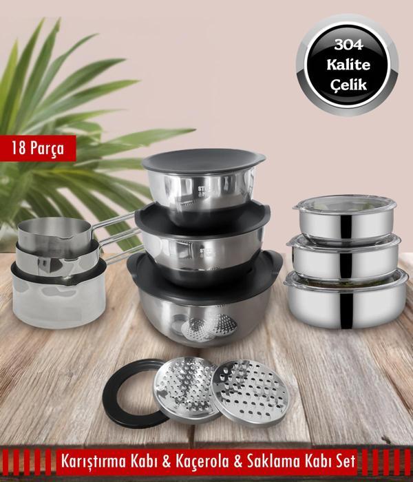 Çelik Karıştırma Kabı Kaçerola Saklama Kabı Set 18 Parça - Image 1