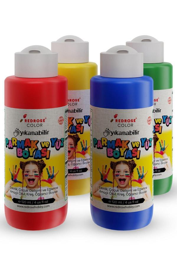 Red Rose Ana Renkler Parmak Boyası 4'Lü Set 4X120Ml Yıkanabilir, Toksik İçermez, Çocuk Okul Kreş İçin - Image 1