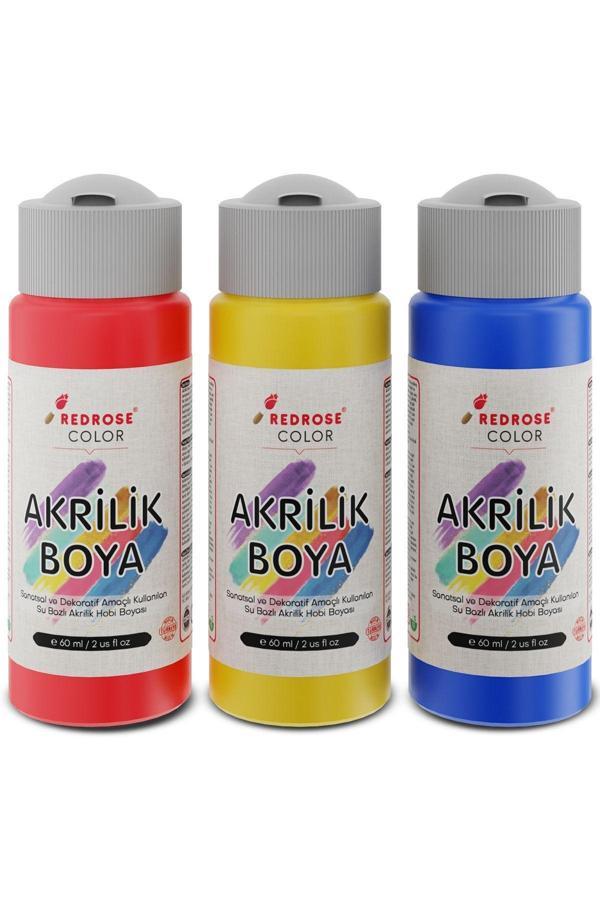 Red Rose Kırmızı-Mavi-Sarı Akrilik Boya Seti, 3'Lü Set 3X60Ml Dekoratif Hobi Amaçlı Sanatsal Canlı Renkler - Image 1