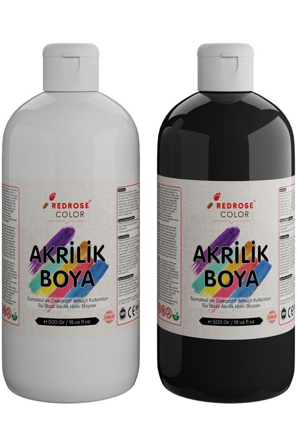 Red Rose Siyah-Beyaz Akrilik Boya Seti, 2'Li Set 2X500Gr Dekoratif Hobi Amaçlı Sanatsal Canlı Renkler - Image 1