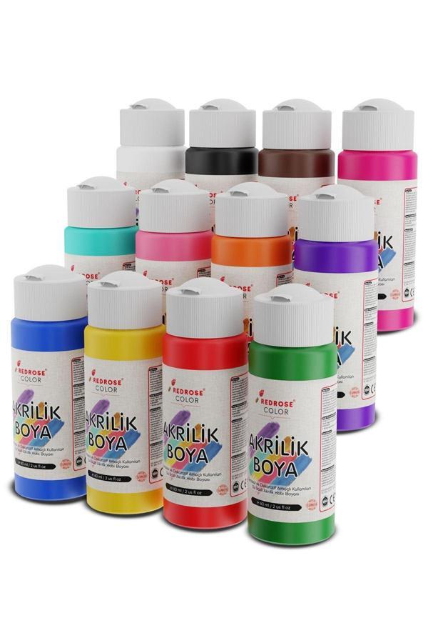 Red Rose Tüm Renkler Akrilik Boya Seti, 12'Li Set 12X60Ml Dekoratif Hobi Amaçlı Sanatsal Canlı Renkler - Image 1