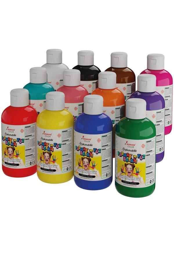 Red Rose Tüm Renkler Parmak Boyası 12'Li Set 12X250Gr Yıkanabilir, Toksik İçermez, Çocuk Okul Kreş İçin - Image 1