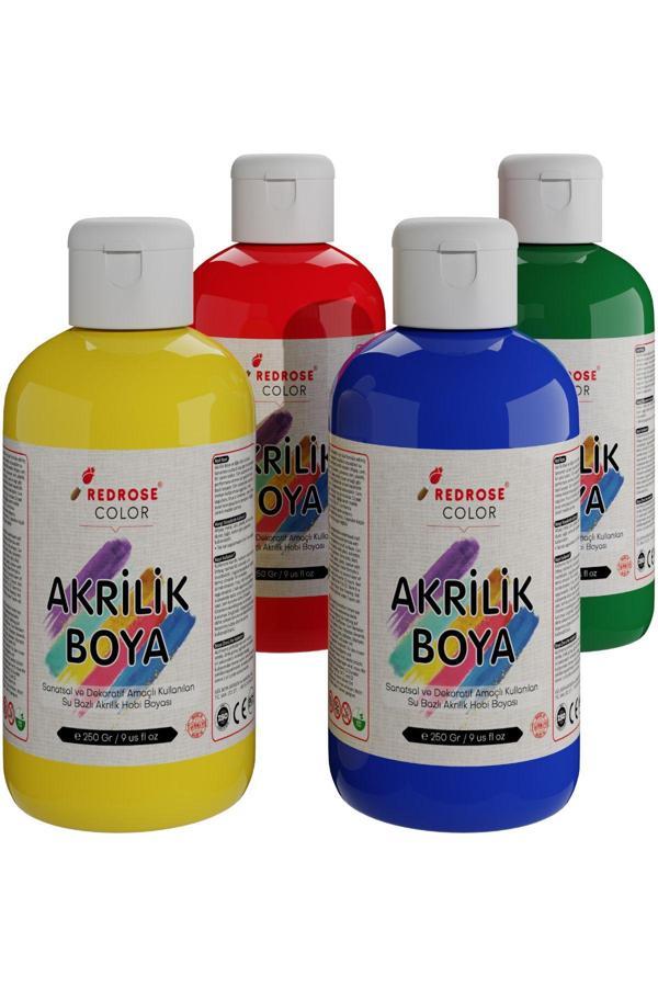 Red Rose Ana Renkler Akrilik Boya Seti, 4'Lü Set 4X250Gr Dekoratif Hobi Amaçlı Sanatsal Canlı Renkler - Image 1