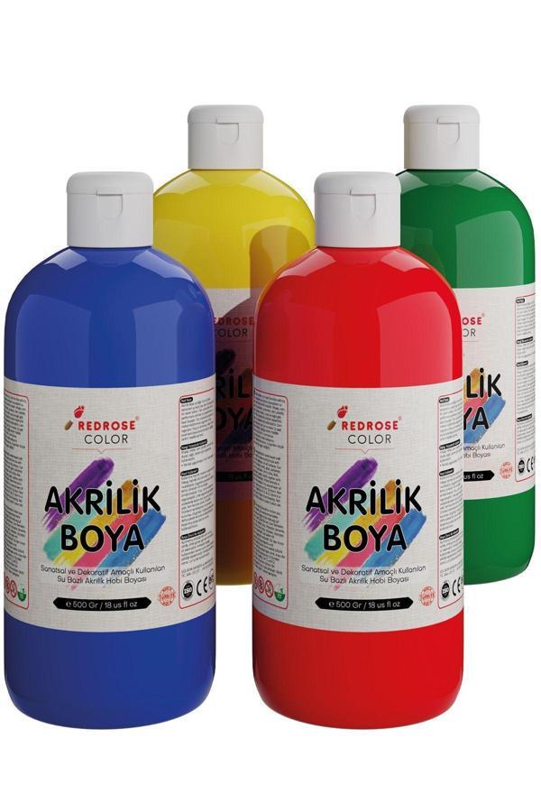 Red Rose Ana Renkler Akrilik Boya Seti, 4'Lü Set 4X500Gr Dekoratif Hobi Amaçlı Sanatsal Canlı Renkler - Image 1
