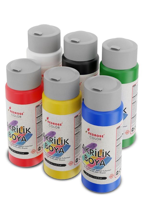 Red Rose Ana Renkler Akrilik Boya Seti, 6'Lı Set 6X60Ml Dekoratif Hobi Amaçlı Sanatsal Canlı Renkler - Image 1