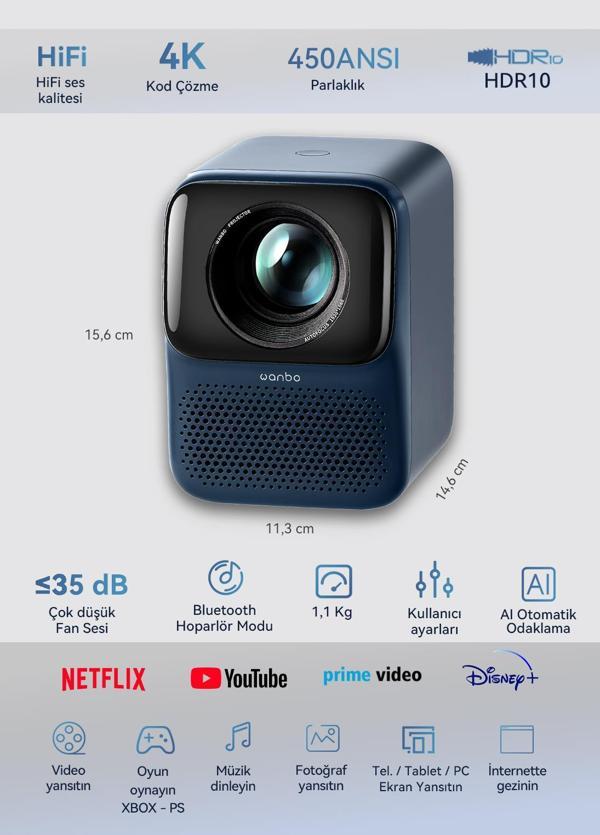 Wanbo T2 Max -YENİ- Android Projeksiyon Cihazı 450 ANSI Autofocus - Gece Mavisi - Image 1