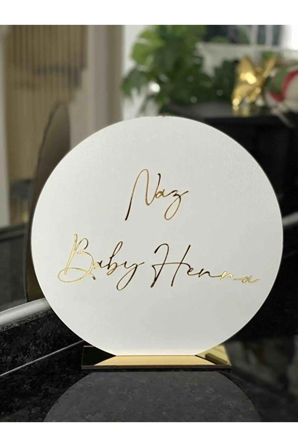 Mars Yuvarlak Kişiye Özel Ahşap Üzeri Gold Masa Üstü Söz - Nişan - Düğün İsimliği - 25Cm - Image 1