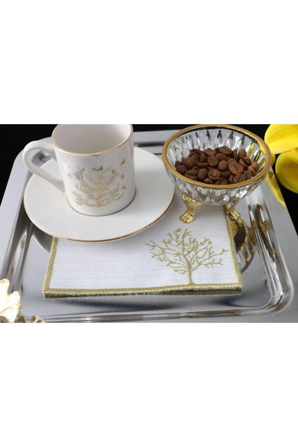 Plt Design 6'Lı Hayat Ağacı Desenli Linen Keten Kahve Yanı Kokteyl Sunum Peçetesi - Image 1